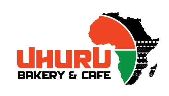 Logo with map of Africa, red, green, and black colors, and text 'UHURU BAKERY & CAFE'.
