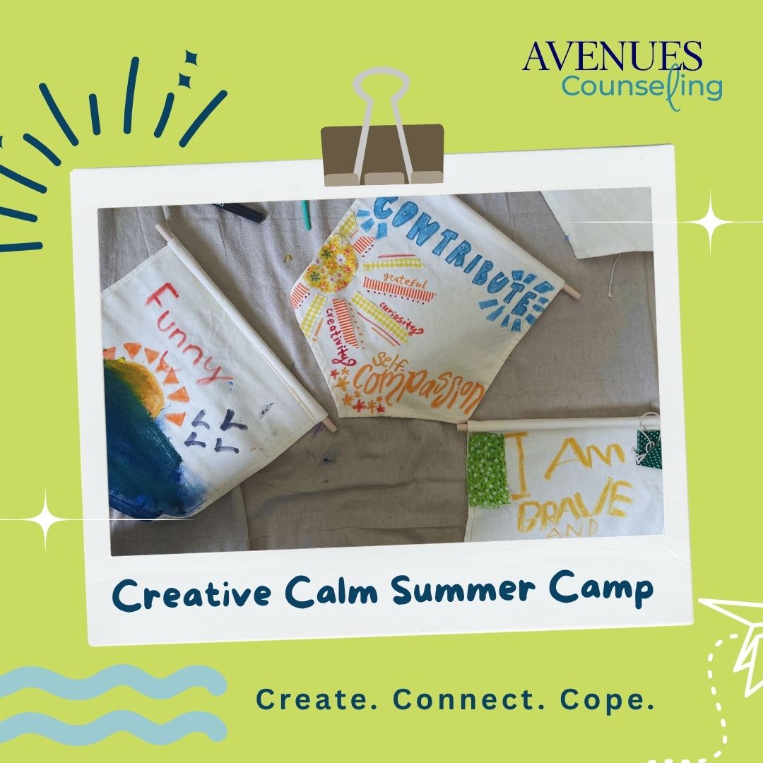 Photograph of colorful drawings and crafts on a table, promoting a summer camp called Creative Calm Summer Camp, with a green background.