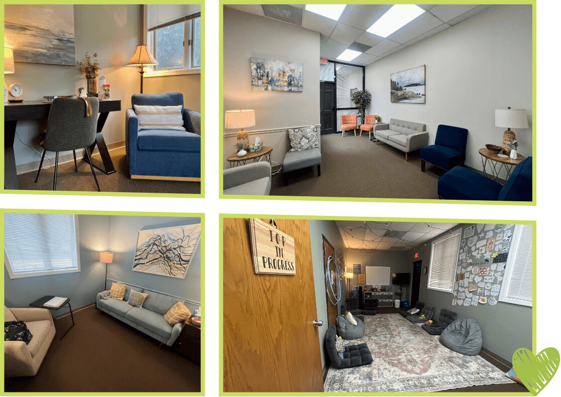 Four interior room images showing living spaces with furniture, decor, and windows.