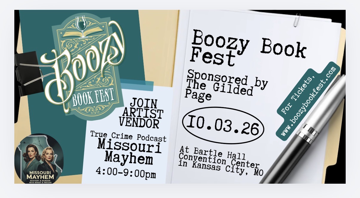 Event poster for Boozy Book Fest with details about date, location, and sponsor, featuring a pen and a logo.