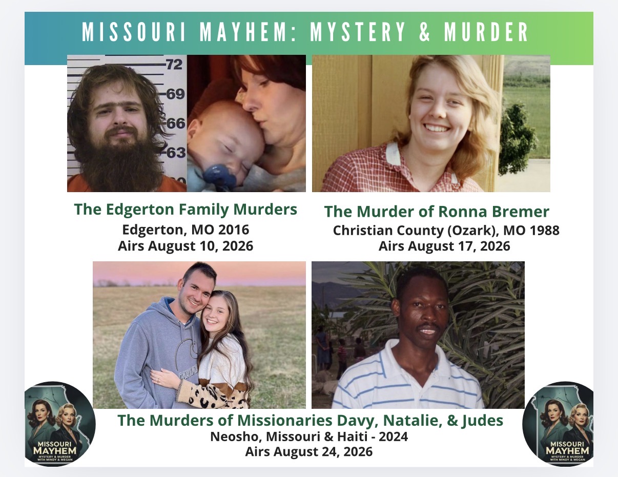 Four photos of people with text about Missouri murder cases, including names, locations, and dates, arranged in a grid.