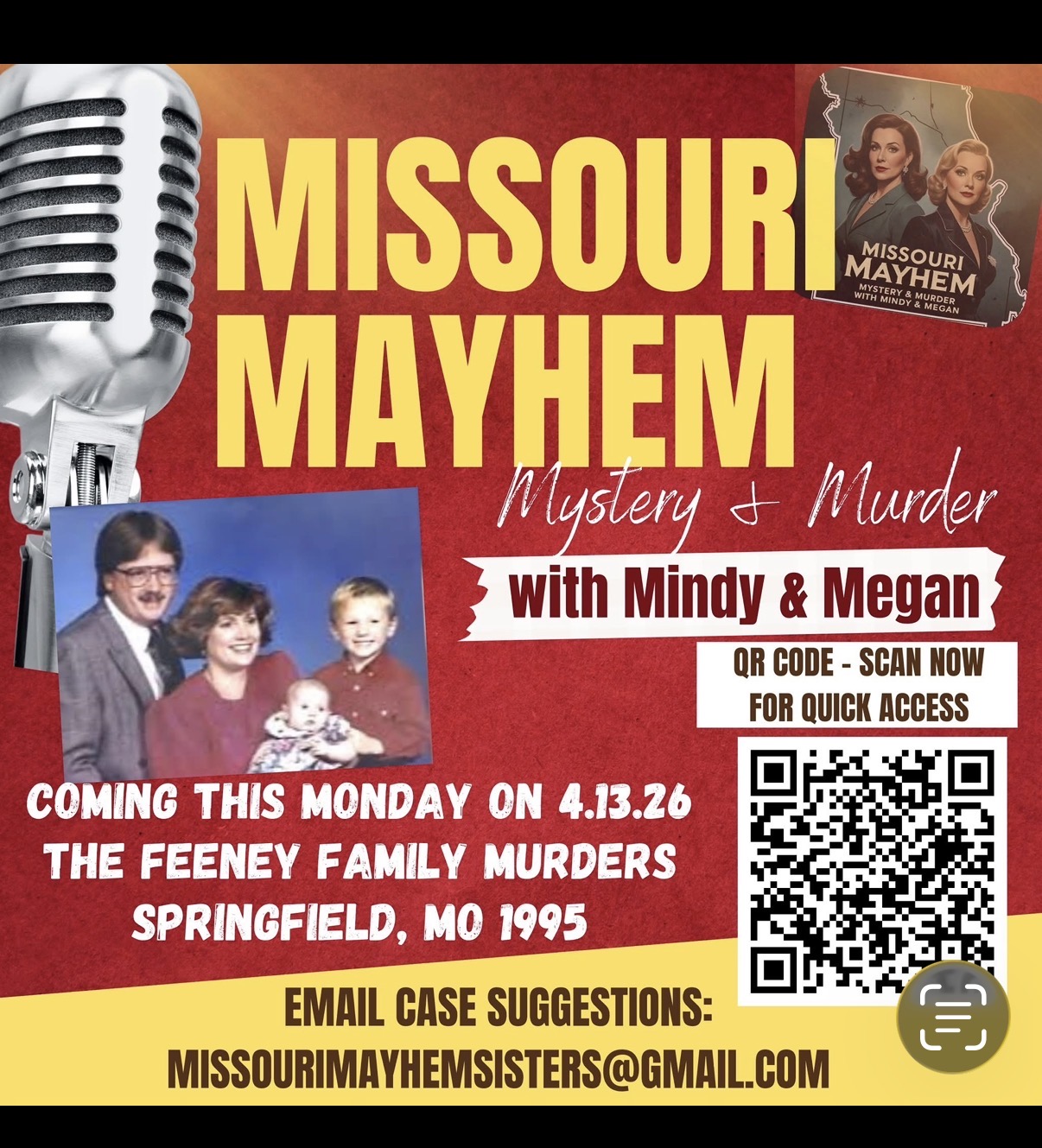 Poster for Missouri Mayhem event featuring a microphone, photos of people, and a QR code, with event details and email contact.
