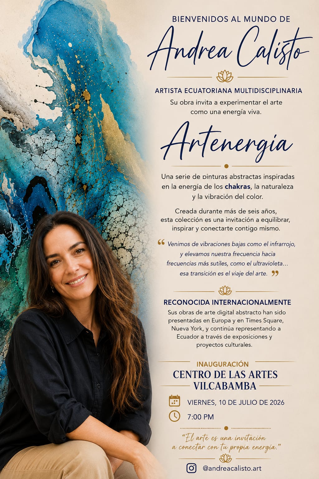 Woman with long dark hair smiling, wearing a black top, in front of a colorful abstract background with text about Andrea Calisto's art event.