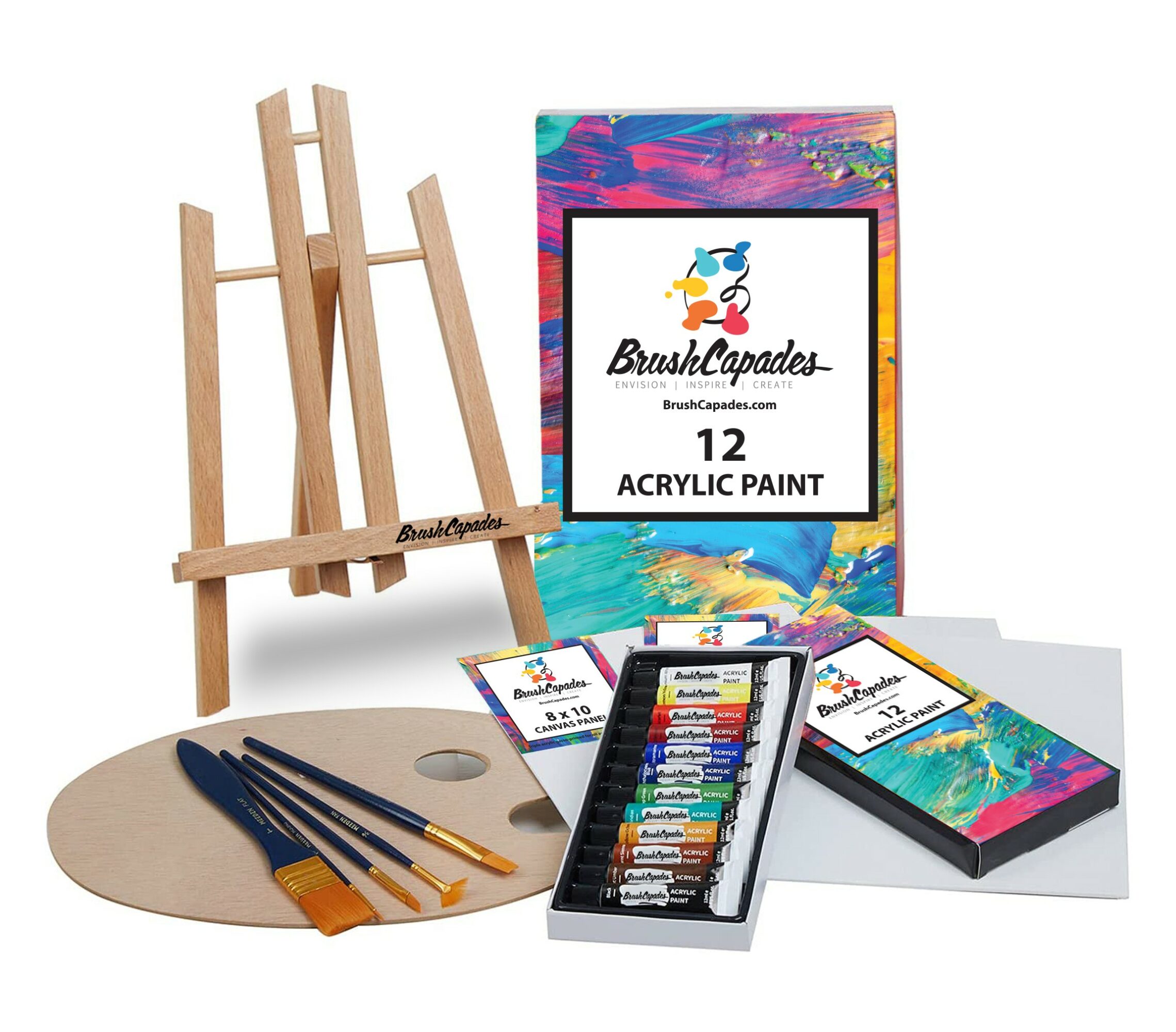 A set of art supplies including an easel, paintbrushes, acrylic paint set, and a colorful box, arranged on a white background.