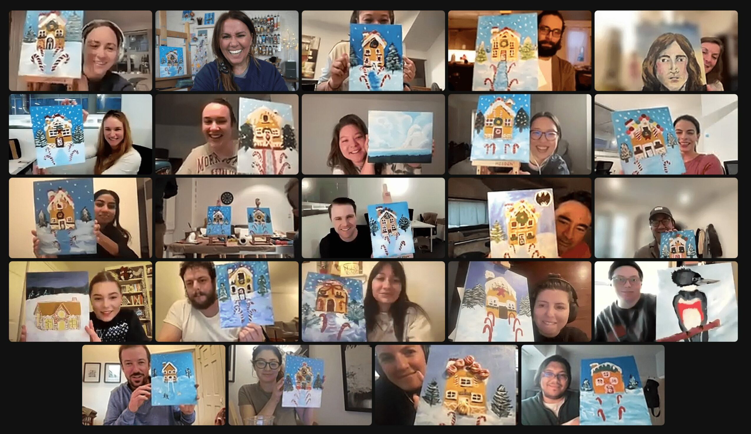 Group of people holding colorful drawings or paintings, smiling, in a virtual meeting.