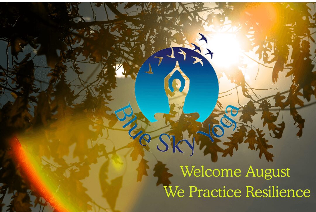 Sunlight filters through tree branches with a logo of a person meditating inside a blue circle and text about resilience.