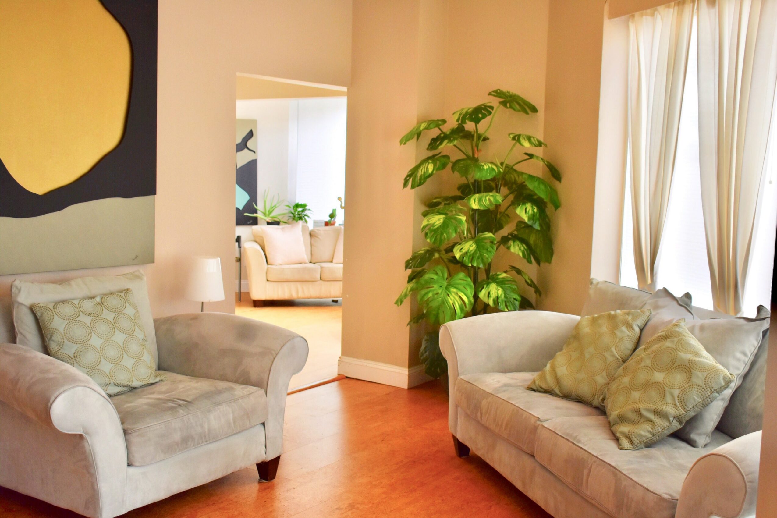 Living room with two sofas, a large potted plant, and windows with curtains, connected to another seating area.