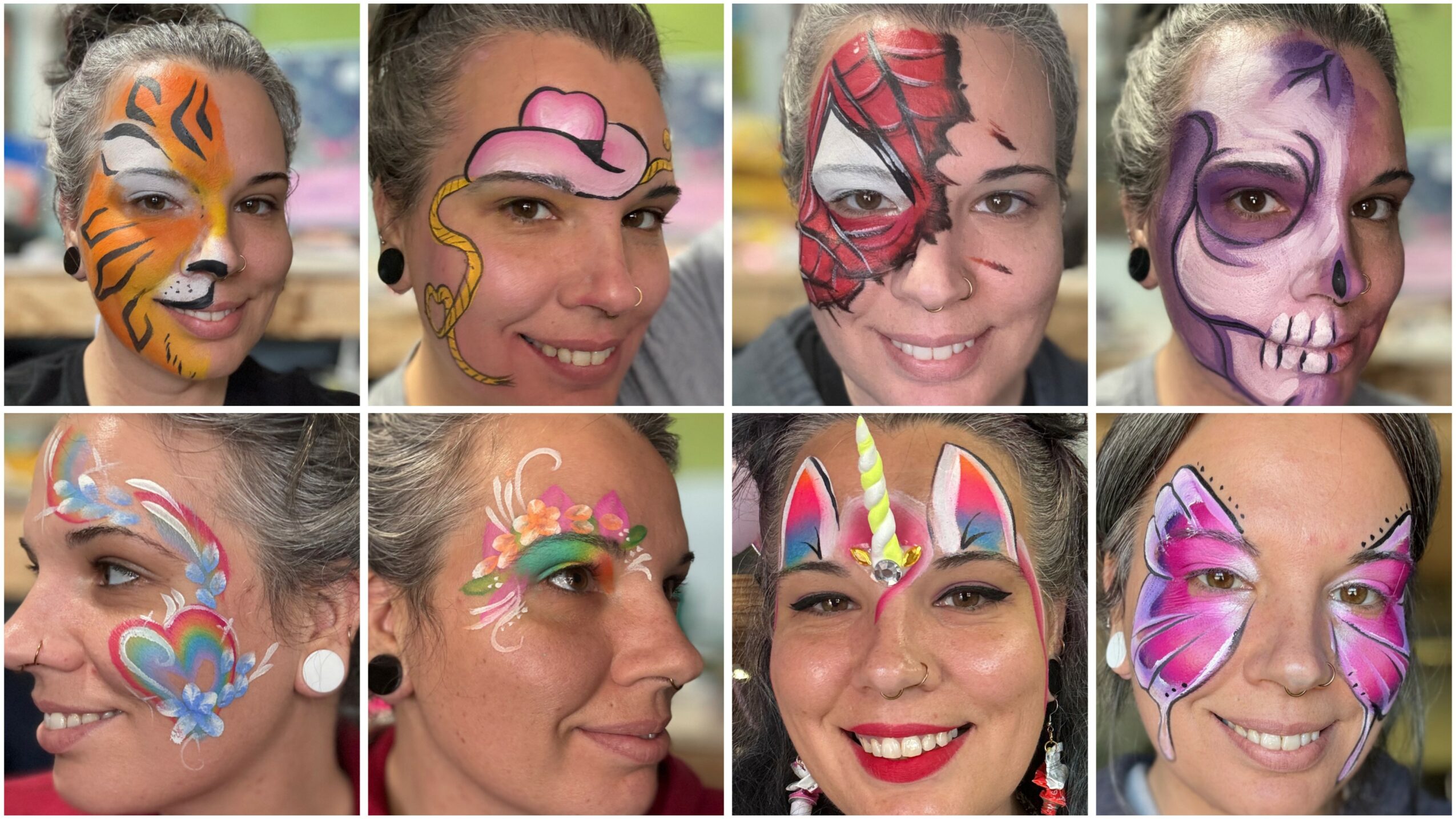 Collage of eight women with colorful face paint designs, including animals, cartoon characters, and abstract patterns.