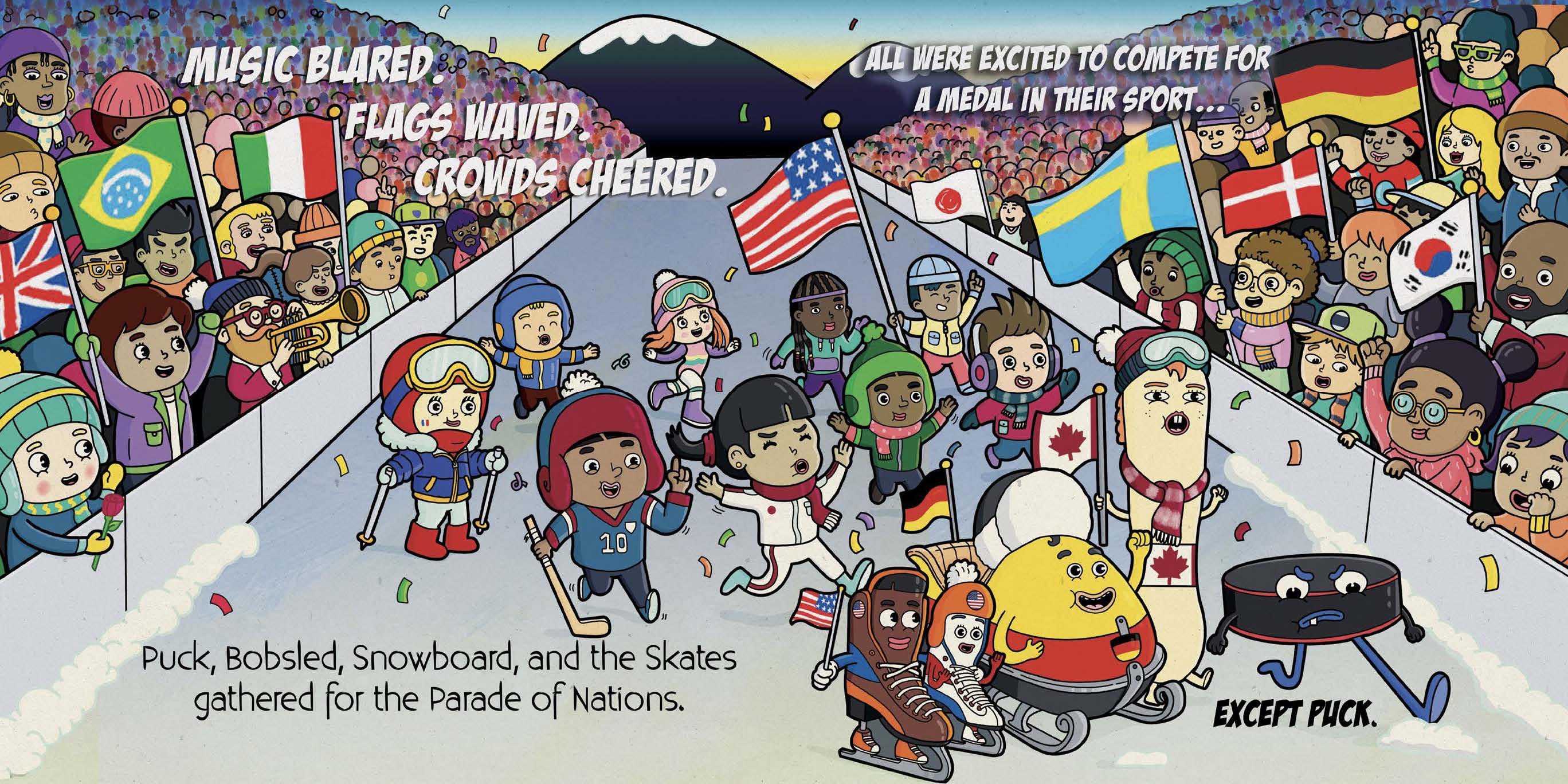 People skating with flags and mountains in background, some wearing helmets, with a yellow duck and a black dog in foreground.