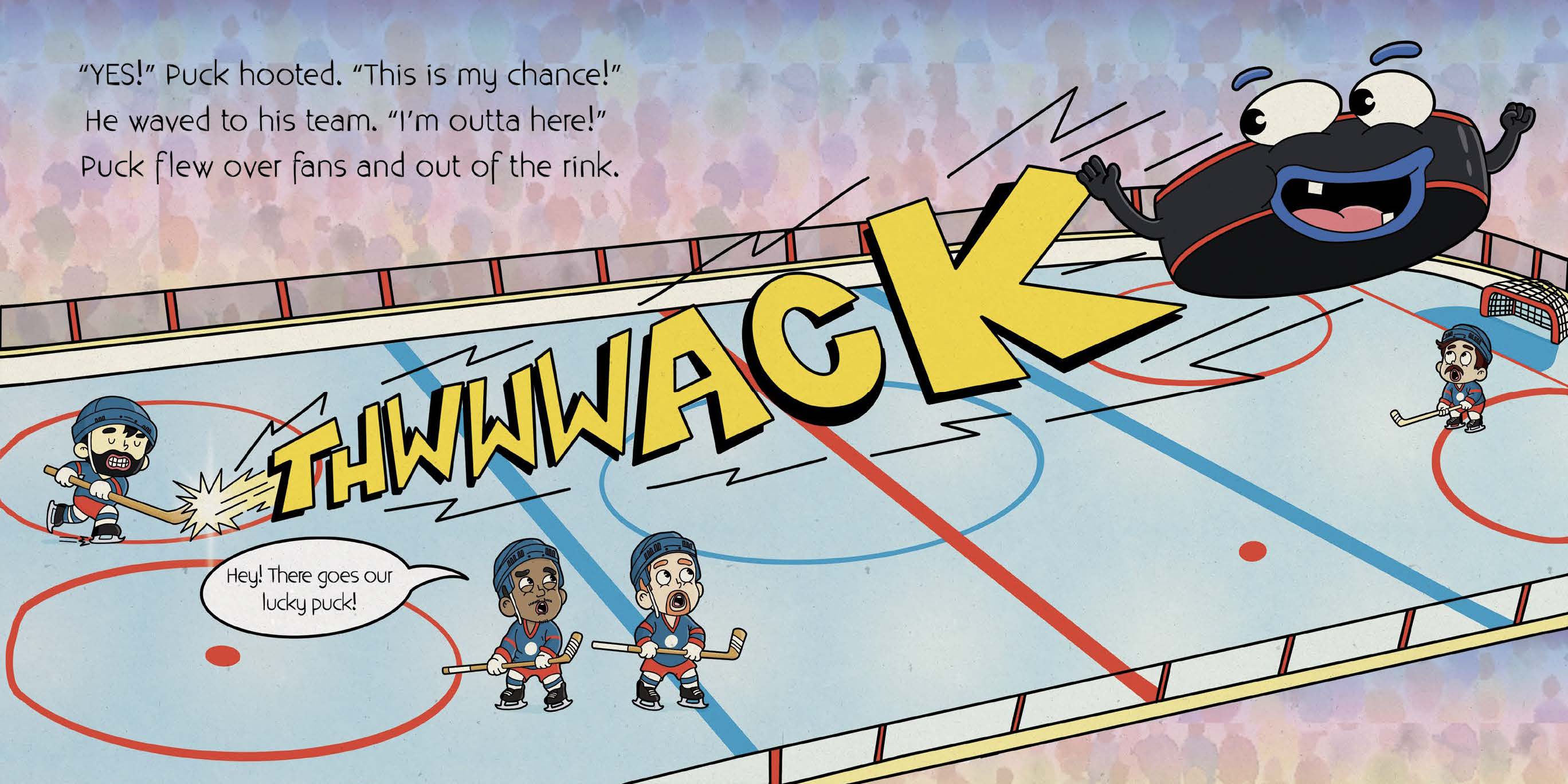 A cartoon hockey game with a puck, players, and a large smiling puck character. Text includes sound effects and dialogue.