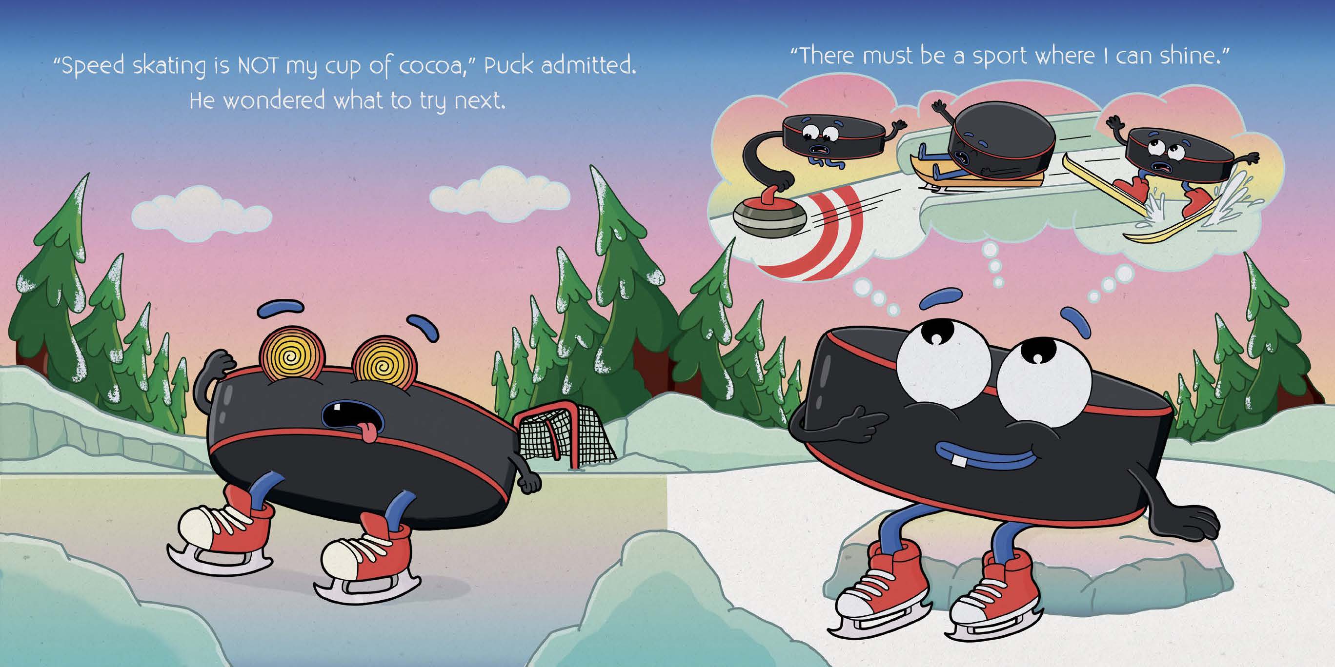 Three cartoon characters with skateboards on a snowy landscape with trees and mountains, colorful sky, and speech bubbles. Word count: 24.