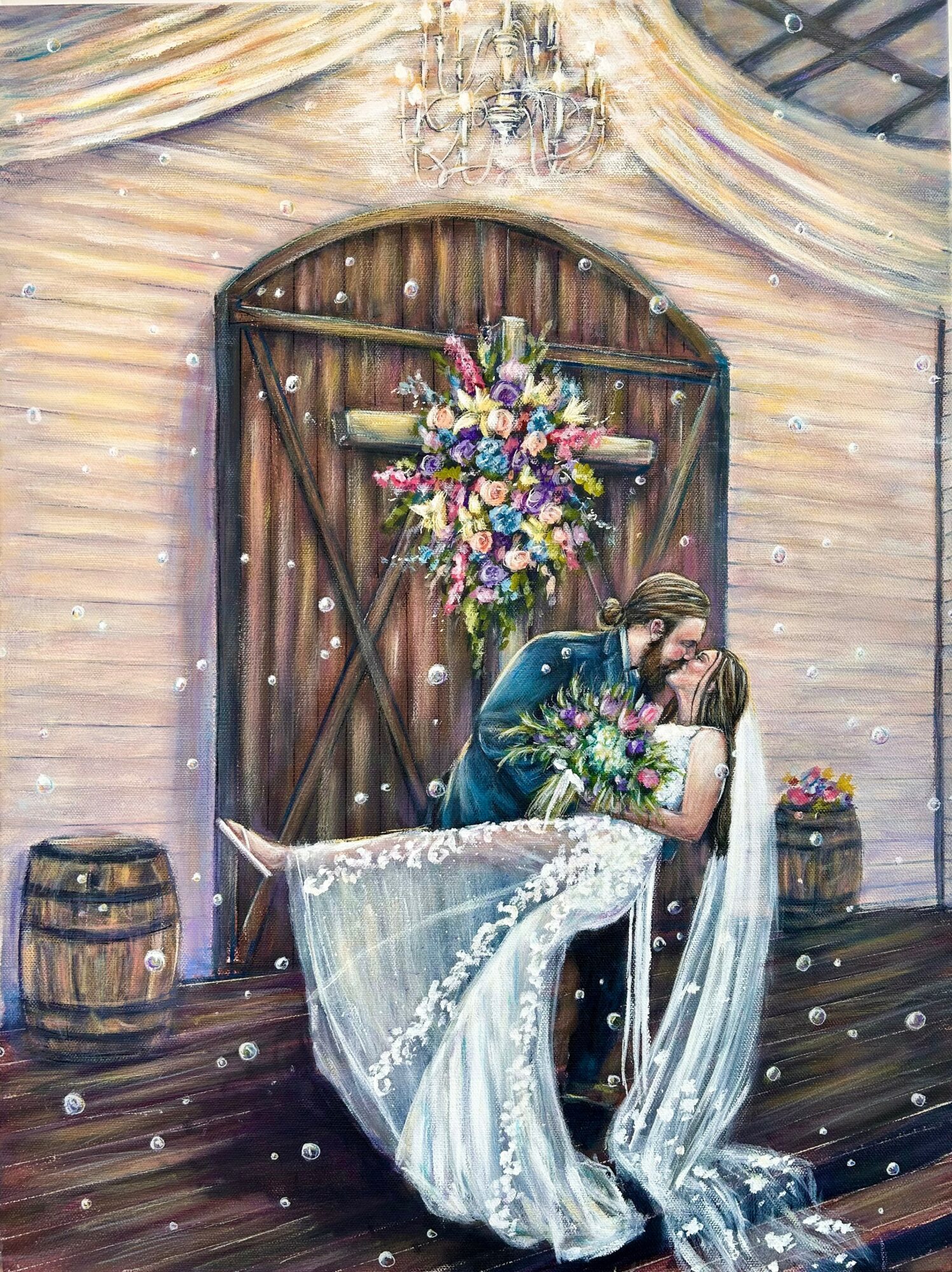 Couple kissing in front of a wooden door with floral arrangement, surrounded by barrels and drapery, chandelier overhead, snow falling.