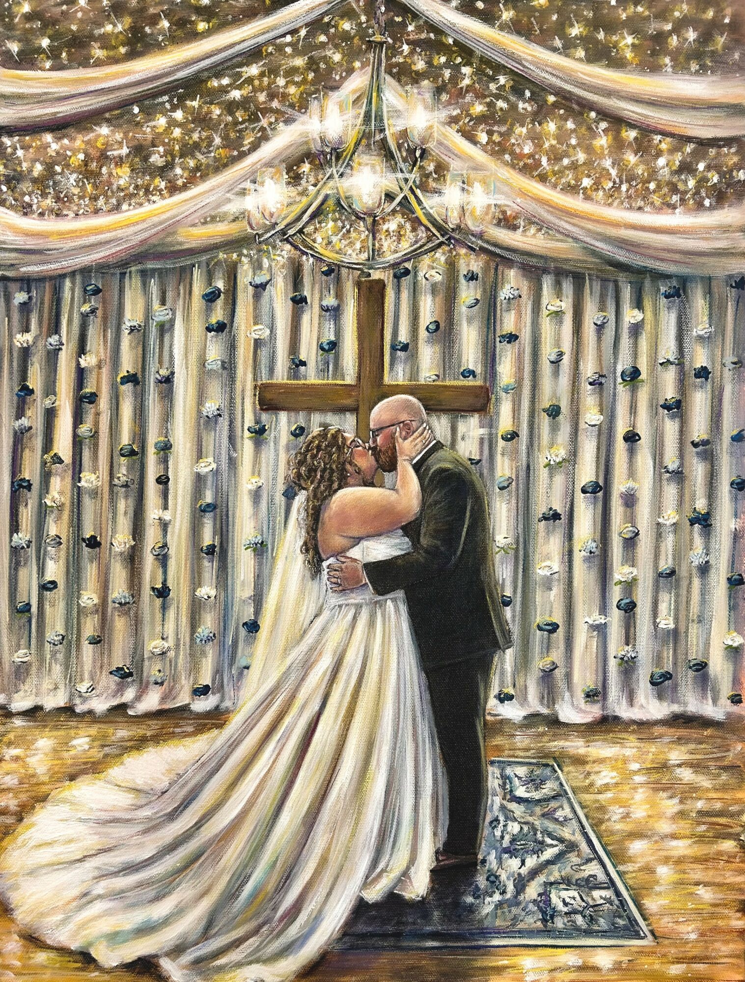 A bride and groom dance on a decorated stage with curtains, lights, and a chandelier, in a wedding celebration. Word count: 20