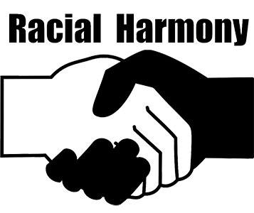 Black and white illustration of two hands shaking with the words 'Racial Harmony' above.