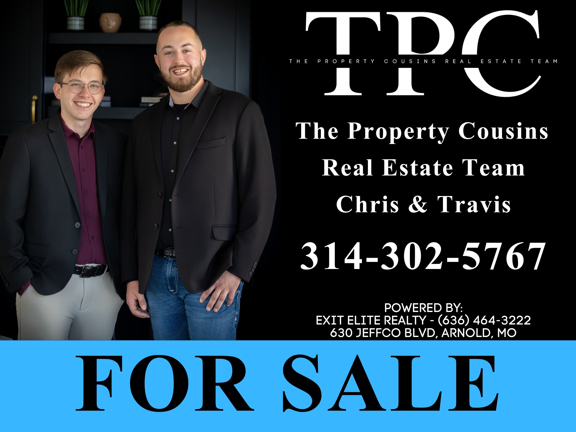 Two men in suits standing together, smiling, with real estate information and contact details displayed on a black background.