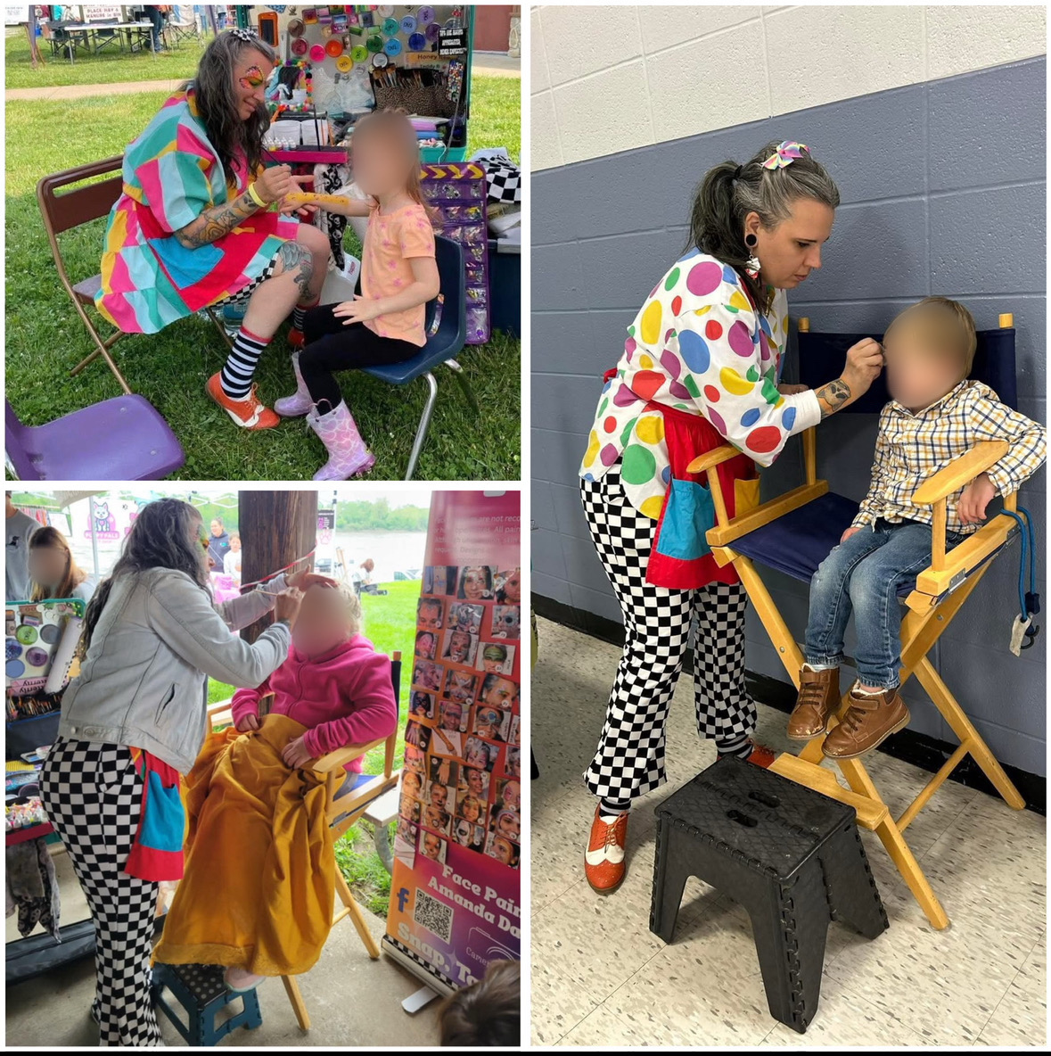Woman applying makeup to a child outdoors, another woman doing makeup indoors, and a woman styling a child's hair indoors.