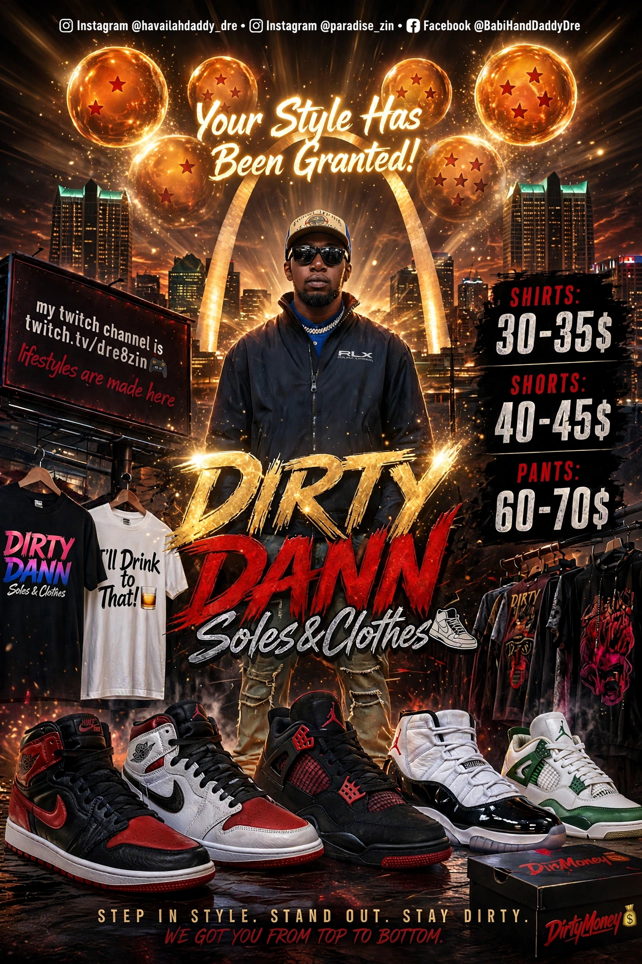 Promotional poster featuring a man in sunglasses and a jacket, surrounded by sneakers, with city skyline and fiery orbs in background.