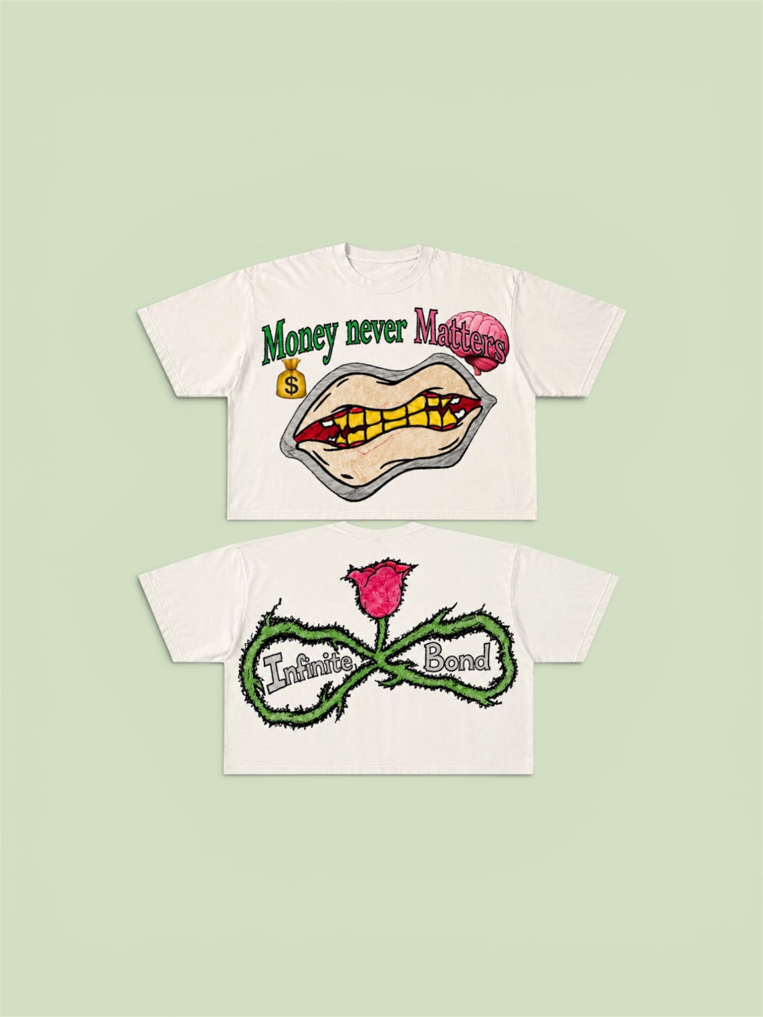 Two white T-shirts with colorful graphic designs, one with lips and text, the other with a pink flower and green vine.
