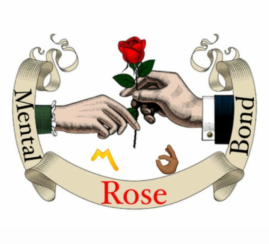 Two hands exchange a red rose, surrounded by a ribbon with the words 'Mental' and 'Proud' and a small yellow heart.
