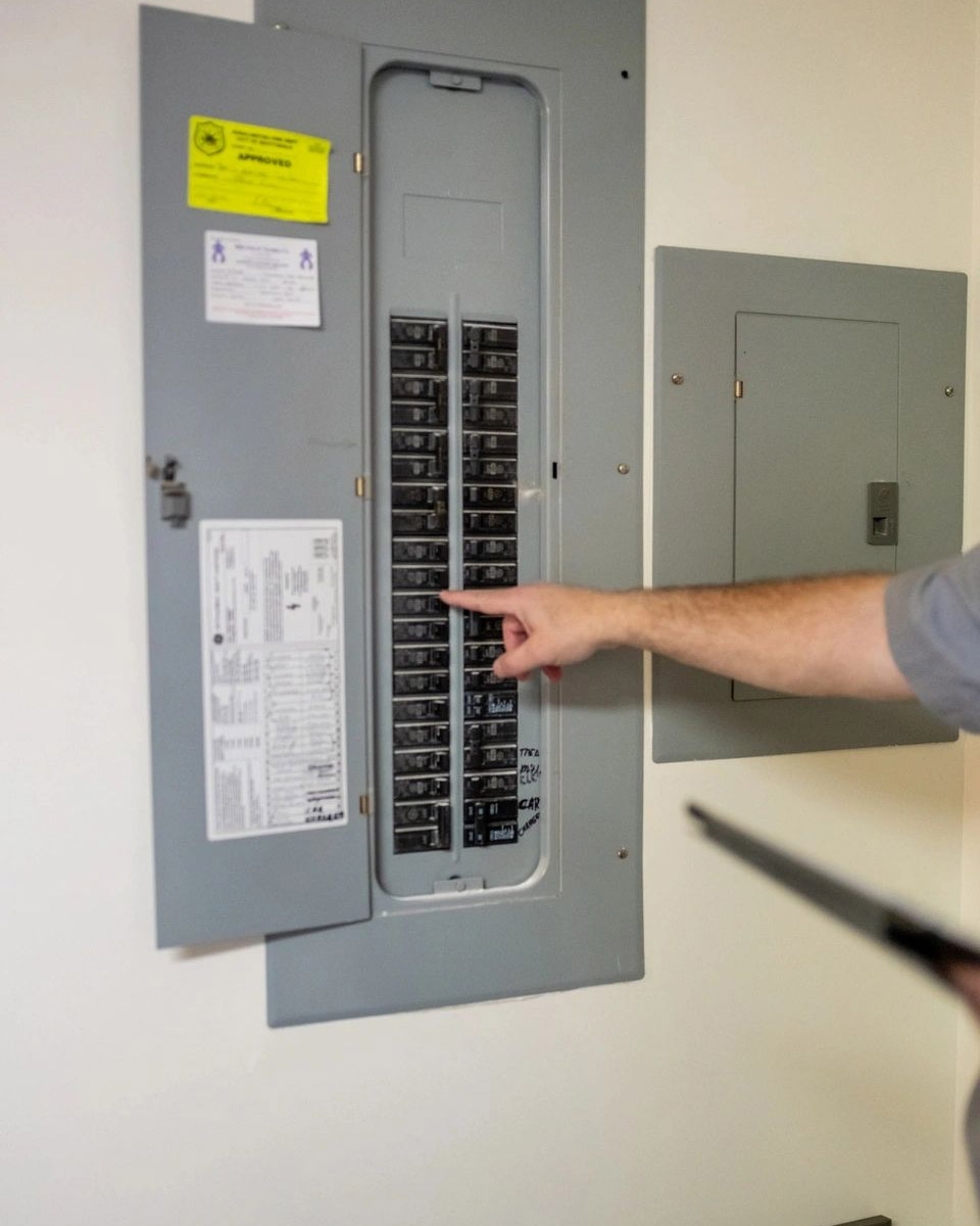 Person's arm pointing at a circuit breaker panel with multiple switches, mounted on a wall.