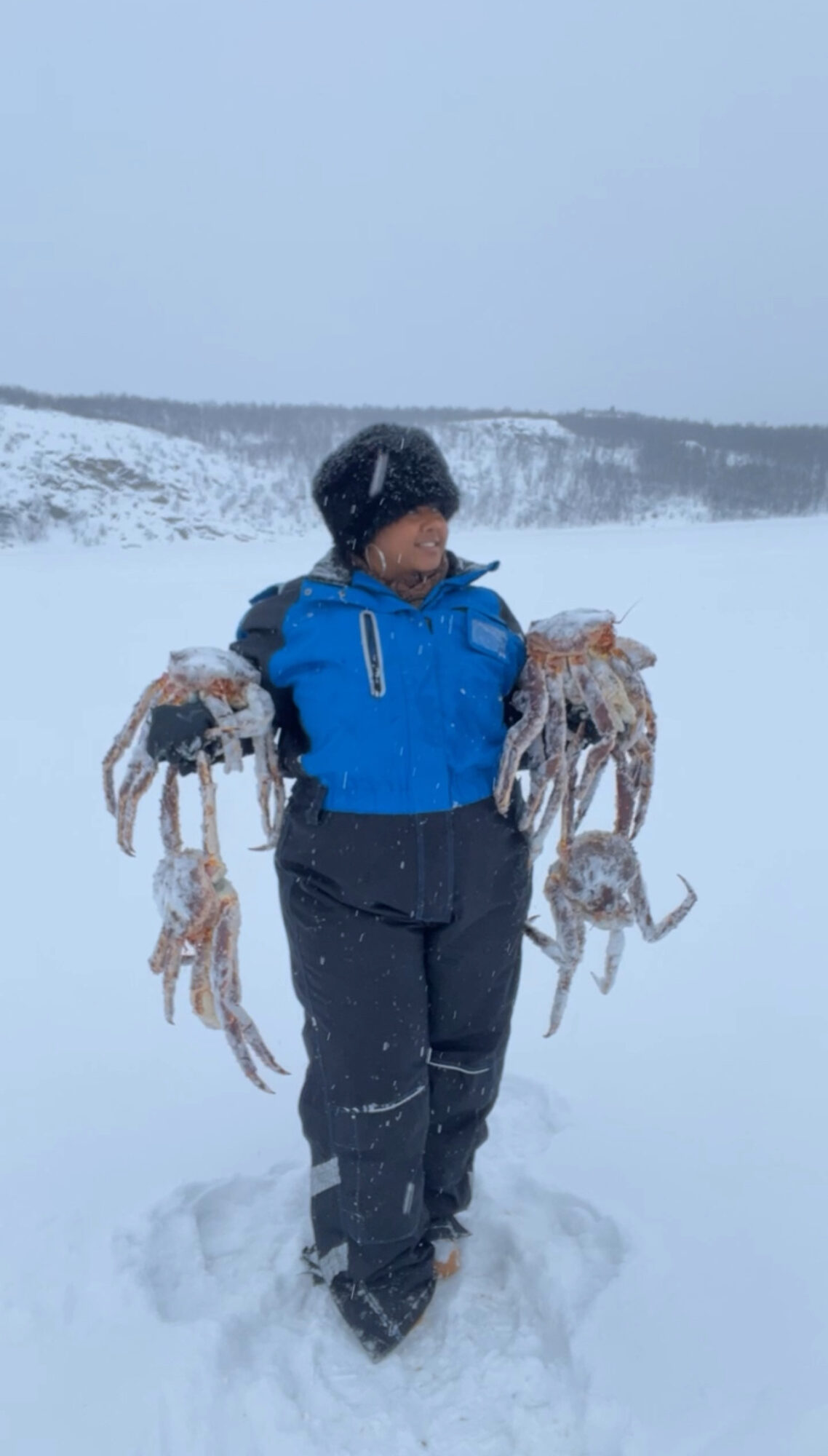 Person walking in snow holding multiple octopus-like creatures, wearing a blue jacket and black pants, with a snowy landscape background.