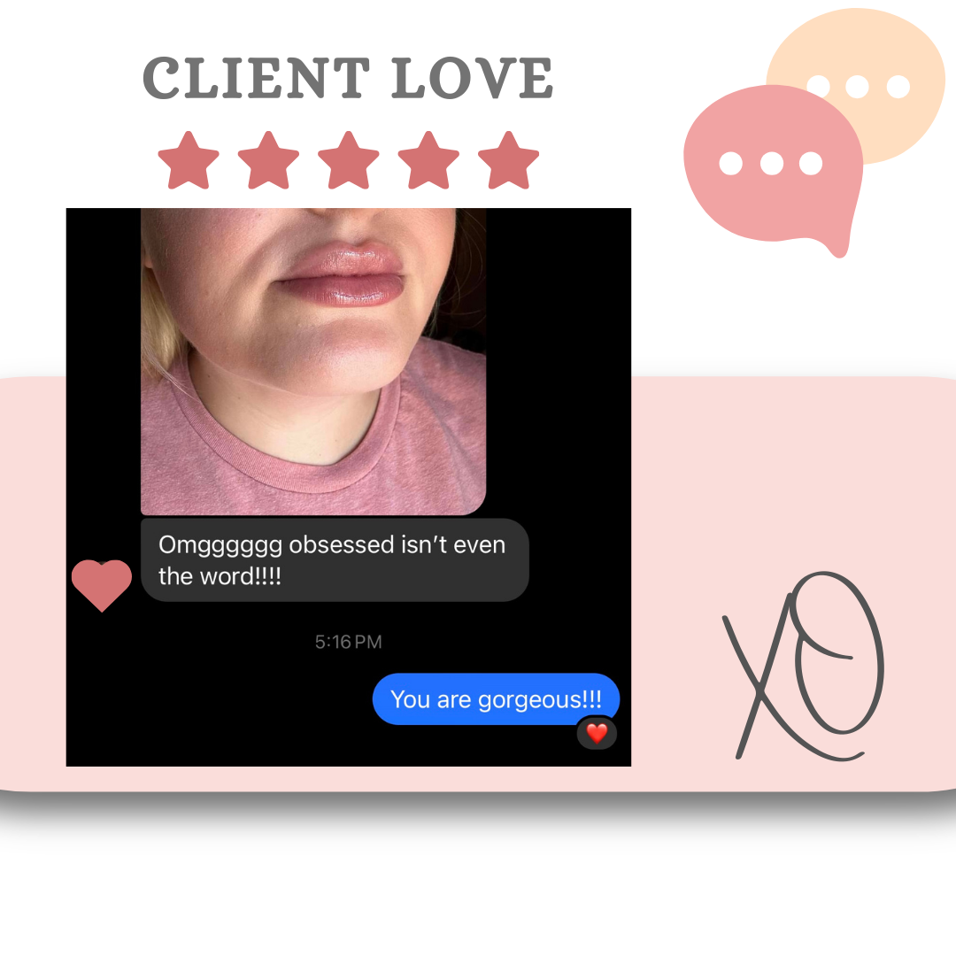 Close-up of a person's lips and chin with a pink shirt, surrounded by text and icons, including speech bubbles and hearts.