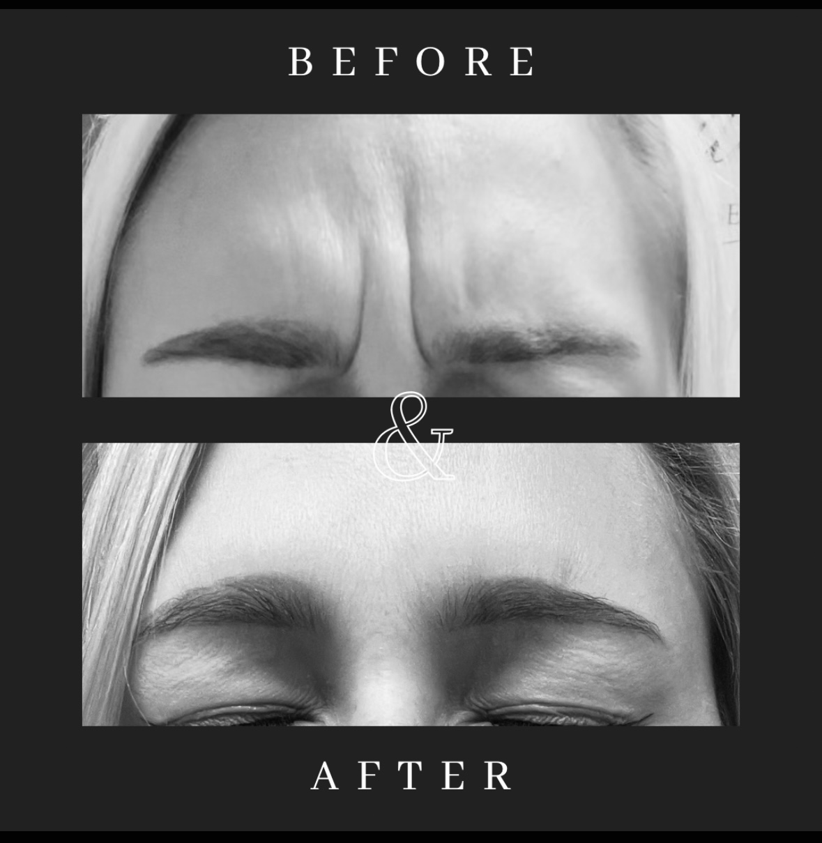Comparison of eyebrows before and after grooming, with the top showing furrowed brows and the bottom showing well-shaped brows.