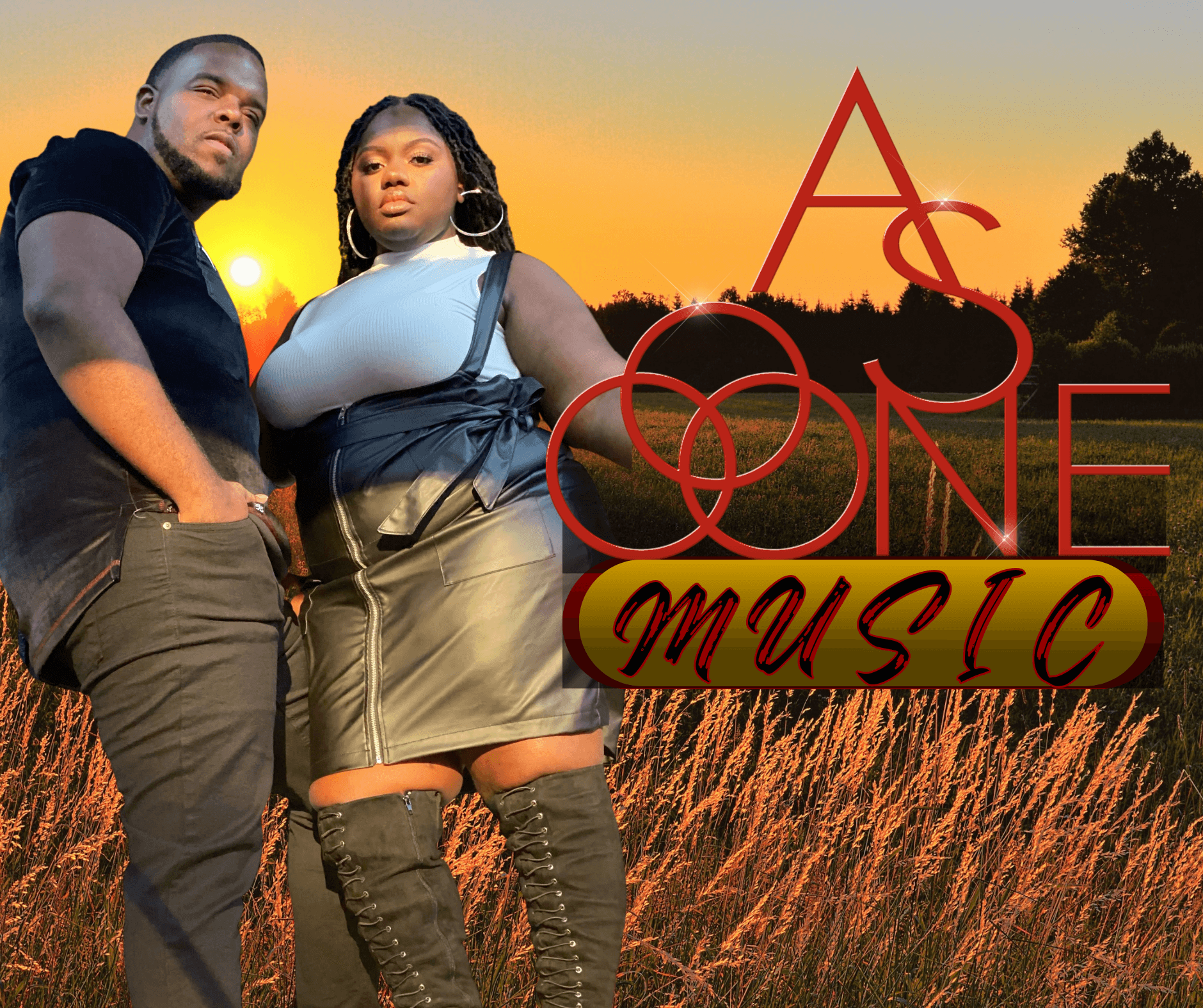 Two people standing in a field at sunset with text overlay reading 'A S ONE music'.