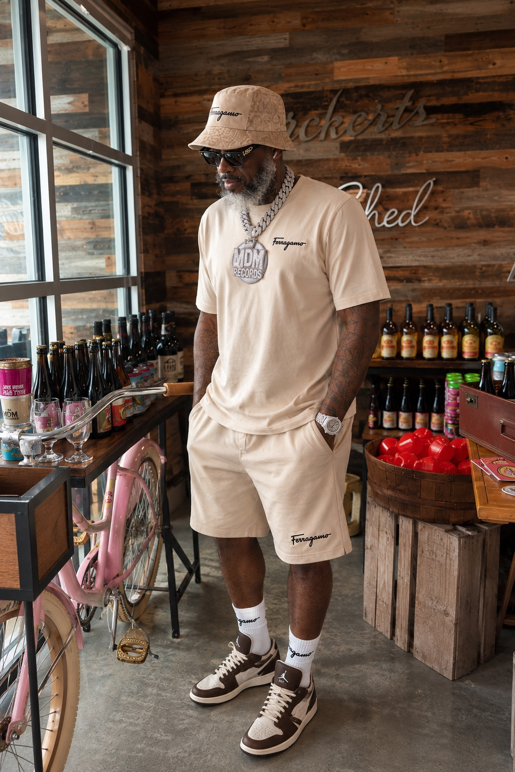 Man in beige outfit, hat, sunglasses, and sneakers stands inside a store with bottles and wooden decor.