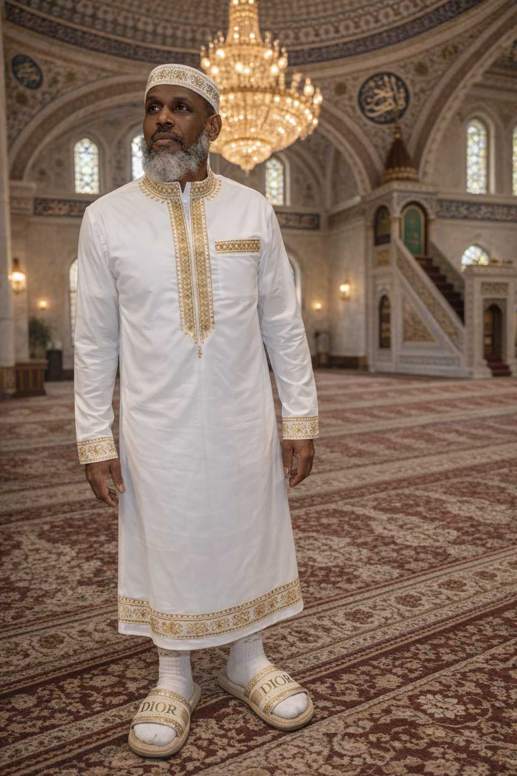 Man in traditional white attire with gold embroidery standing inside a grand mosque with chandeliers and ornate architecture.