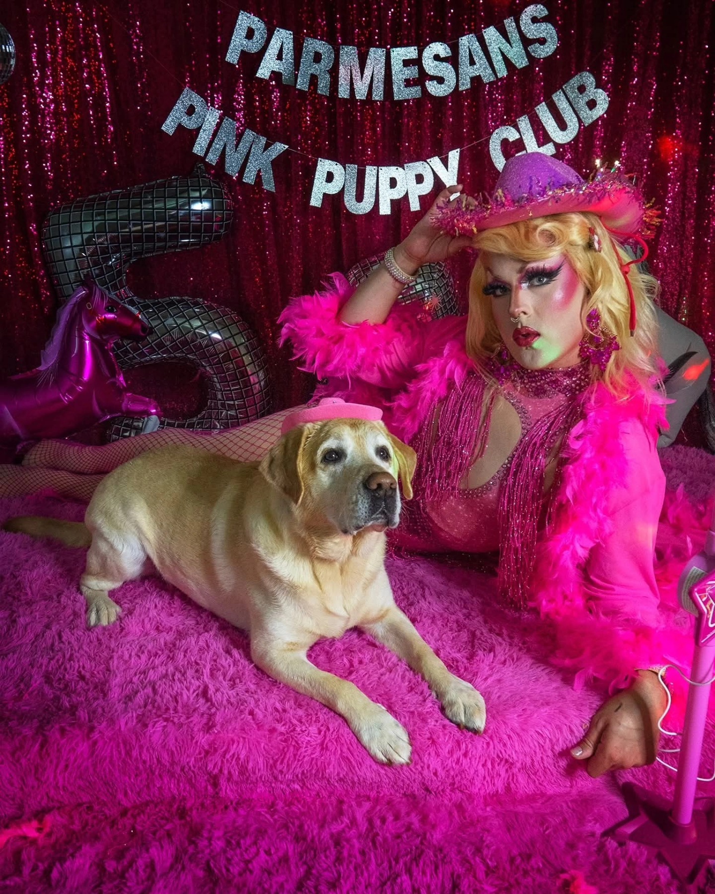 Person in pink costume with blonde wig and pink hat, lying on pink furry surface with a dog, in front of a red curtain. Text reads 'Parmesans Pink Puppy Club'.