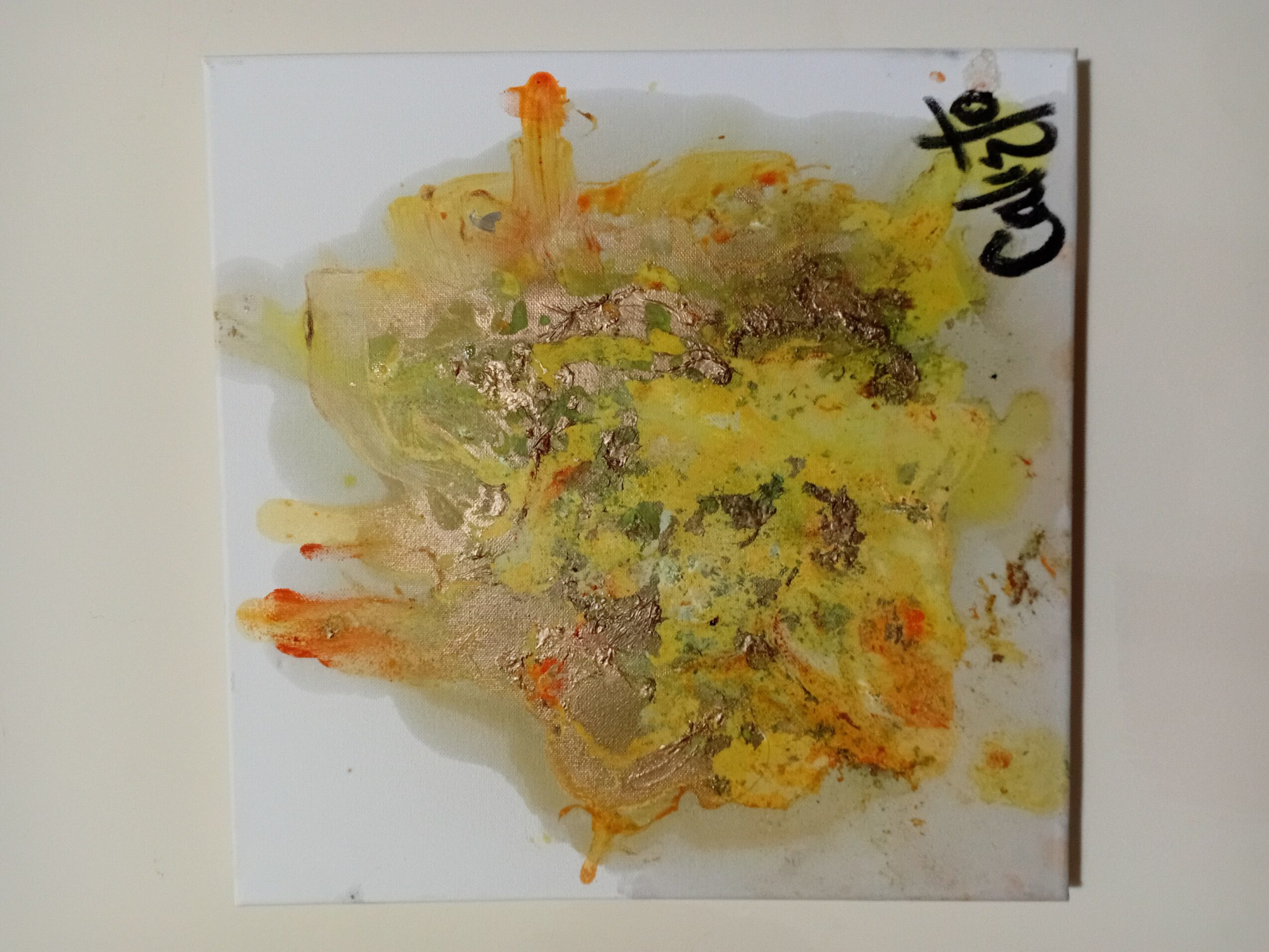 Abstract colorful paint splatter on a white square canvas, with some text in the top right corner, 20 words or fewer.