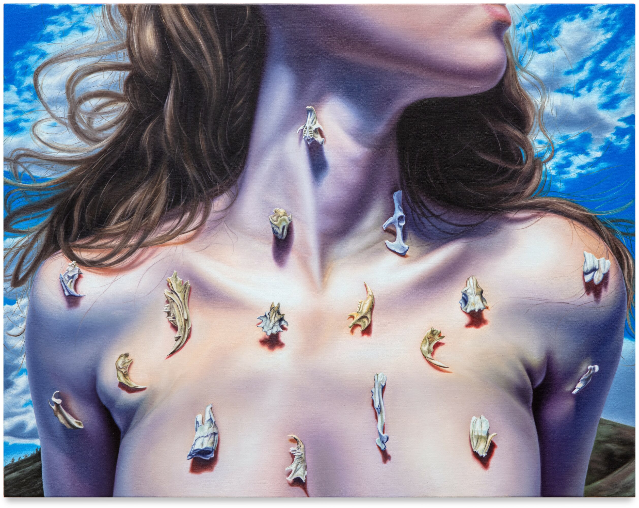A painting of a woman with long hair, with various small objects on her shoulders and chest, against a blue sky background.