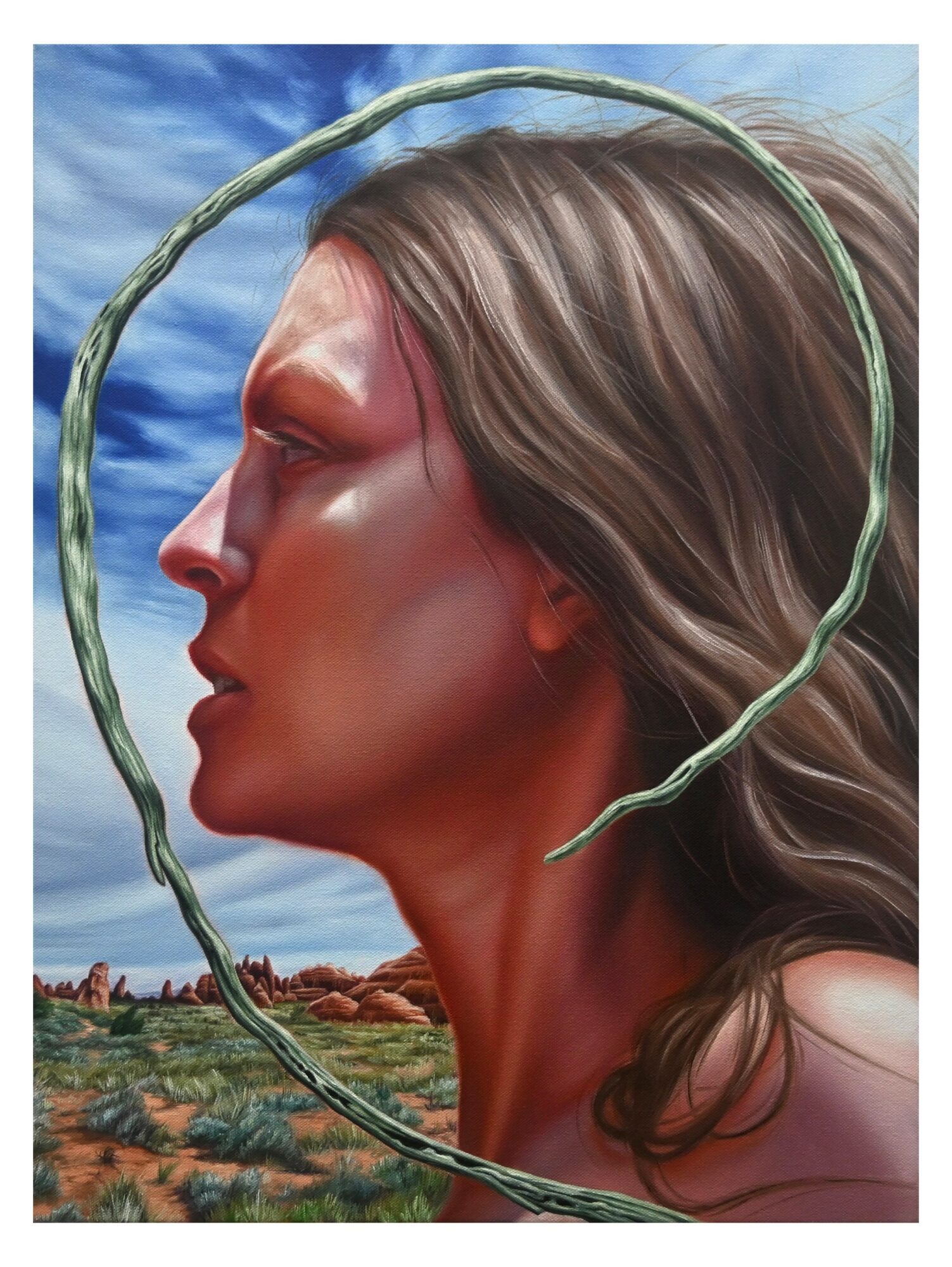 Profile of a woman with long hair, surrounded by a circular vine, against a landscape with blue sky and clouds.