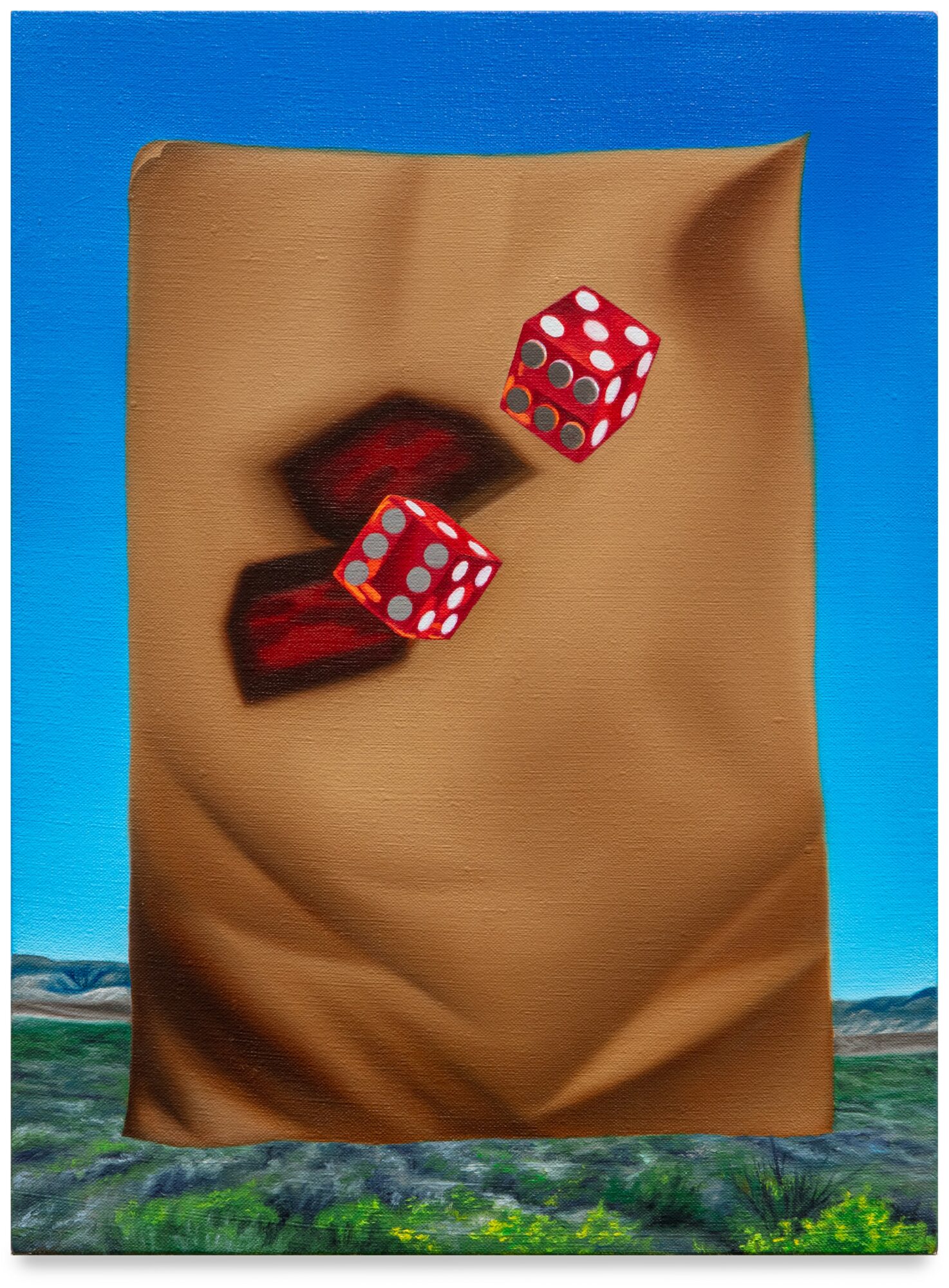 Two red dice with white dots are falling onto a person's lips, with a blue border and landscape background.