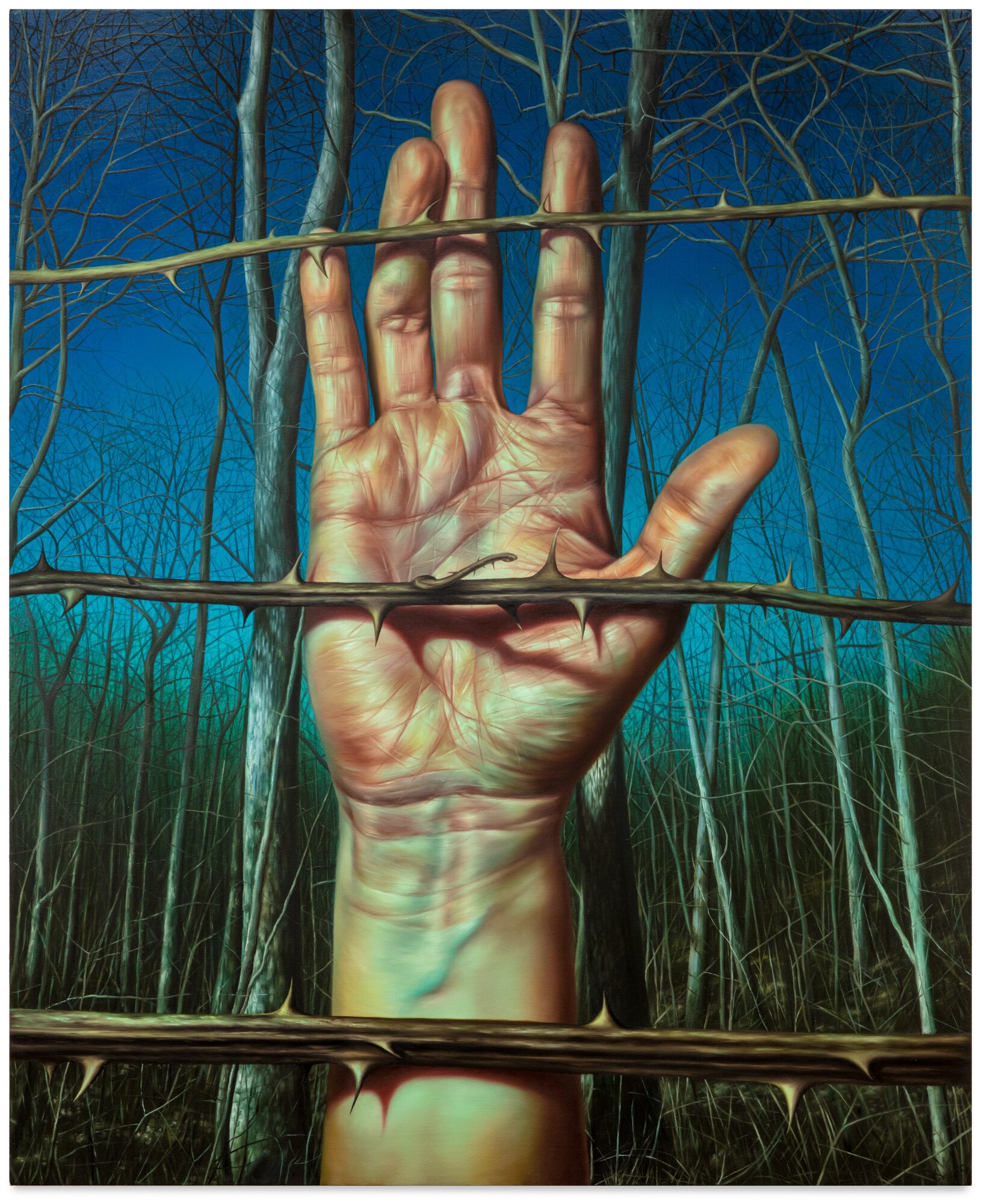 A hand with fingers extended is seen through a barbed wire fence in a forest at night, with blue and green tones.