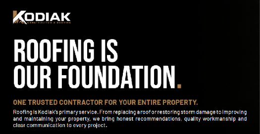 KODIAK roofing company advertisement with bold text about roofing as a foundation, on a black background.