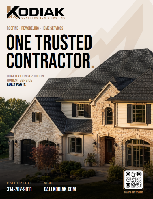 Advertisement for a construction company featuring a large house with brick and stone exterior, multiple windows, and a garage.