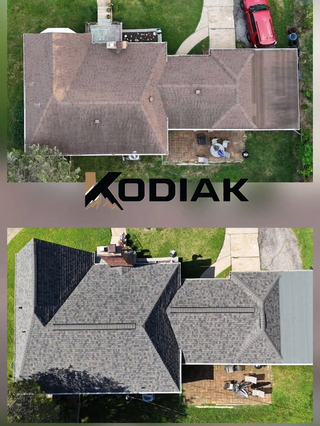 Aerial view of a house with a brown roof, backyard, and driveway, with a pink vehicle parked outside.