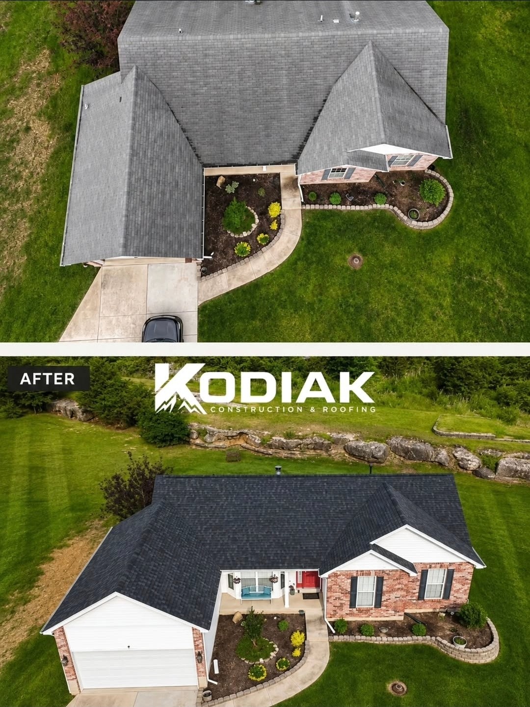 Two houses with driveways and landscaped yards, aerial view showing front and side views, green lawns, and trees.