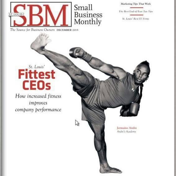Man in martial arts pose with one leg extended and arm outstretched, wearing a dark shirt and shorts, on magazine cover.