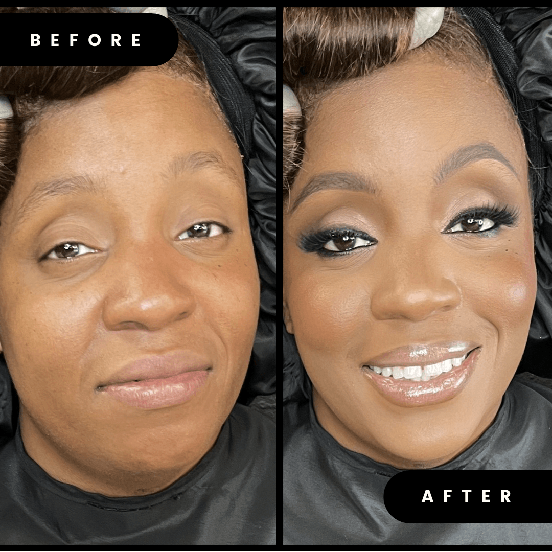 Side-by-side images of a woman before and after makeup application, showing improved skin tone and makeup enhancement.