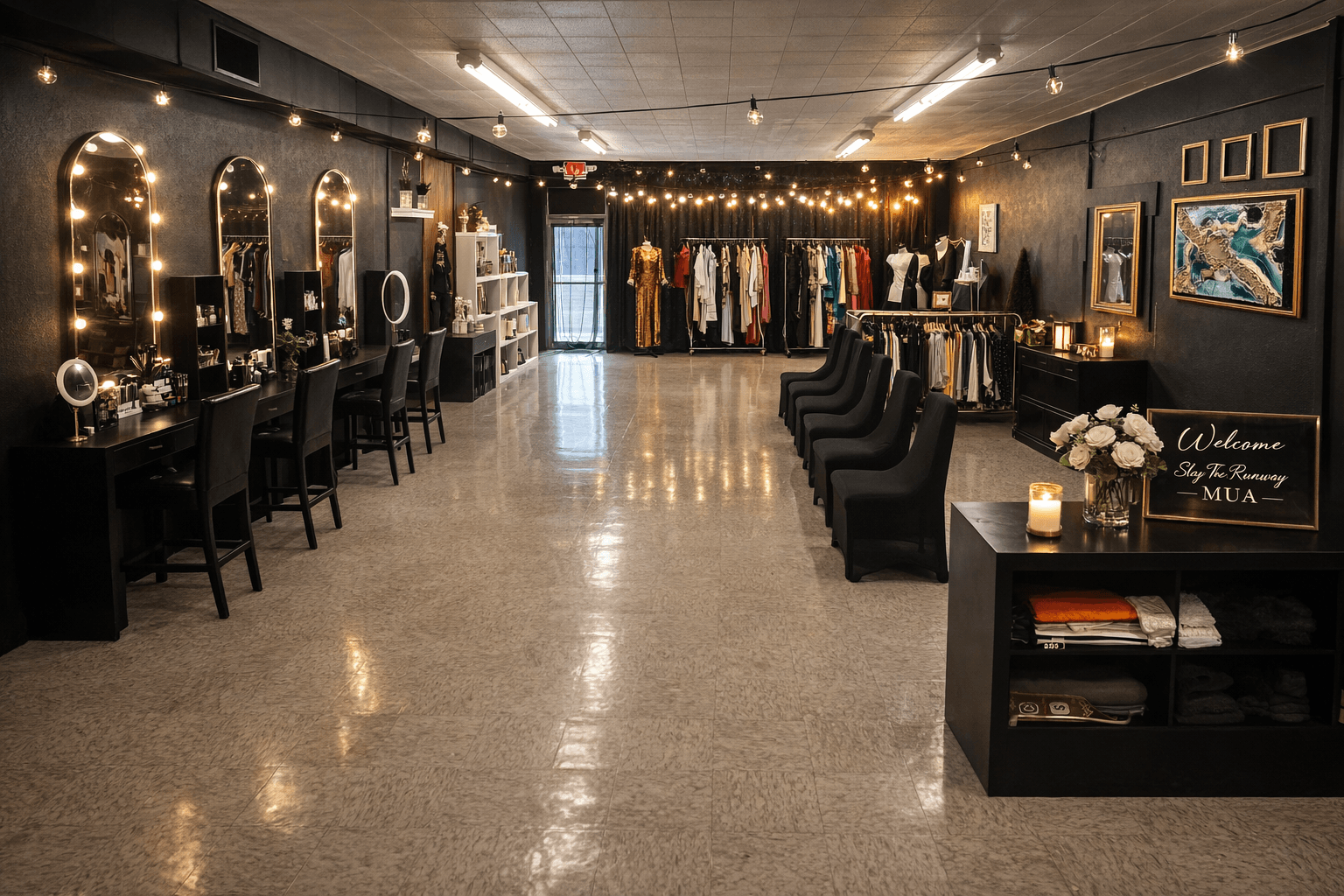 Interior of a boutique with clothing racks, seating, and decorative lighting, with a polished floor and framed artwork on walls.