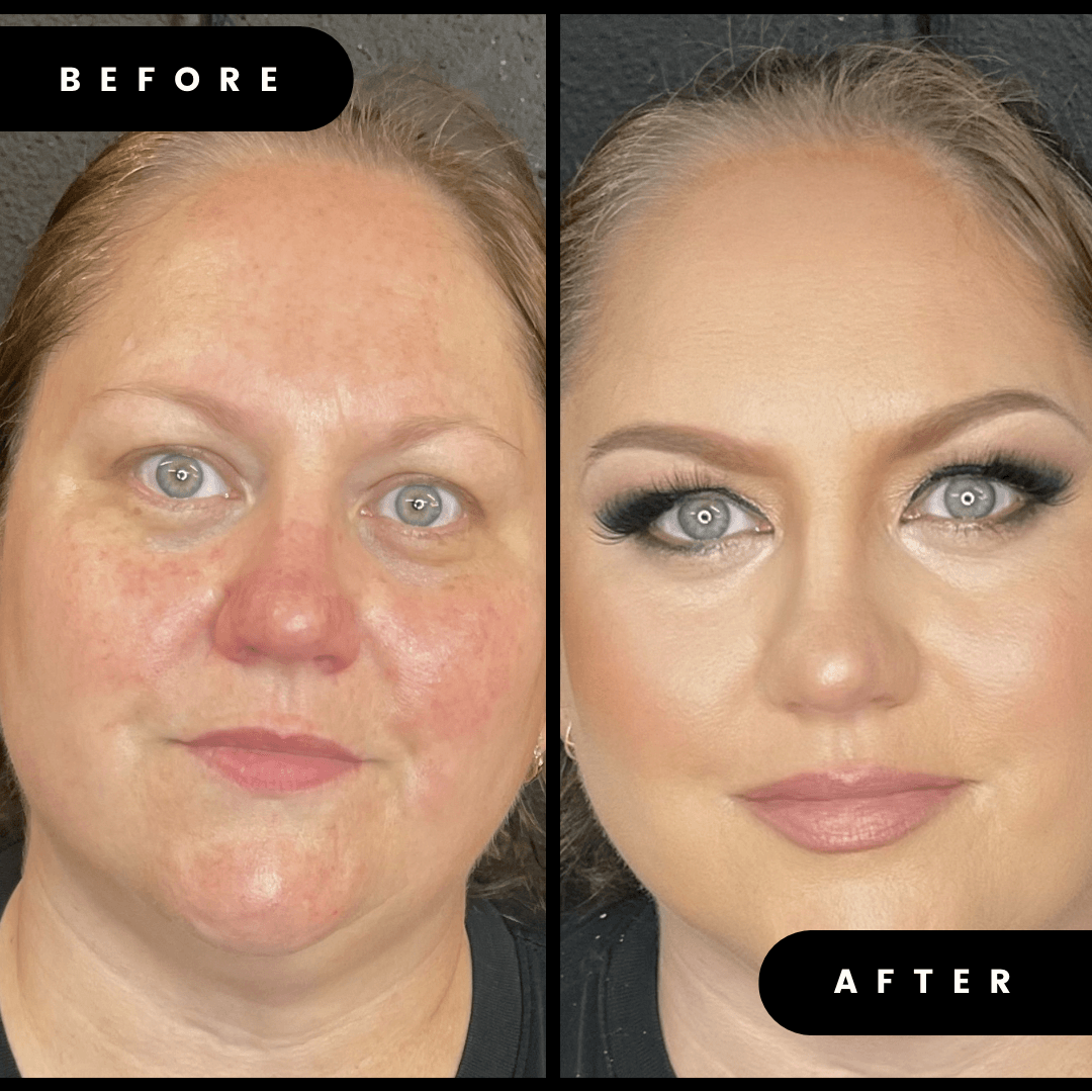 Side-by-side comparison of a woman's face before and after makeup and skincare, showing clear skin and enhanced features.