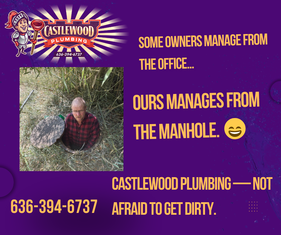 Business card for Castlewood Plumbing with a man in a manhole, contact number, and humorous text about managing from the office and manhole.