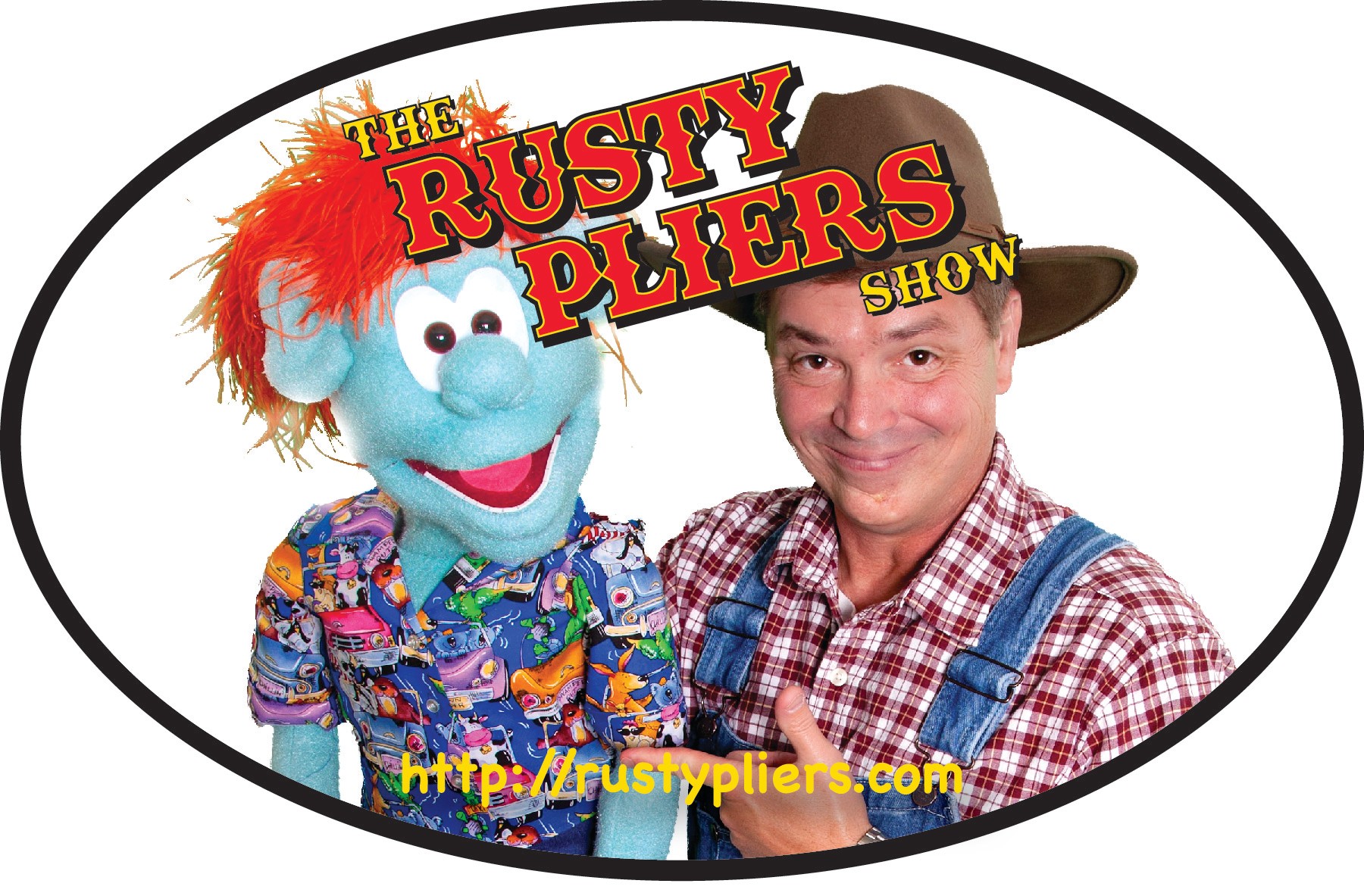 A puppet character with red hair and a person in a plaid shirt and hat, both smiling, with text and website at the top and bottom.