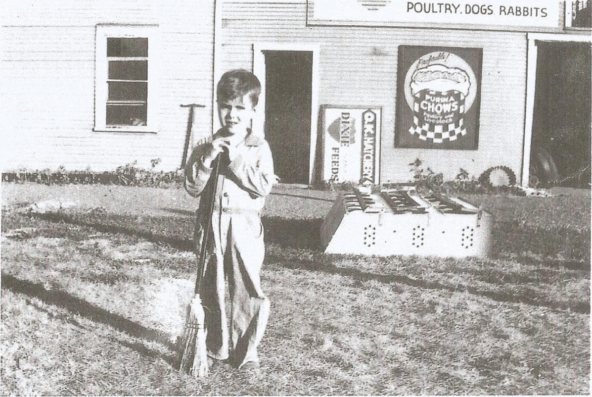 Child holding a stick in front of a store with signs for poultry, dogs, and rabbits, and a large circular sign.