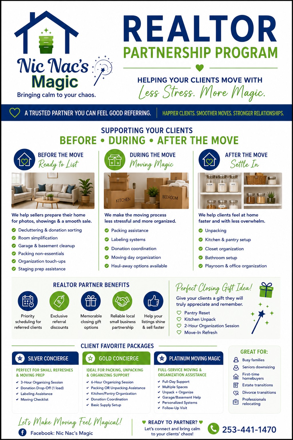 Realtor partnership program flyer with before, during, after moving sections, and benefits icons, promoting stress-free moving.