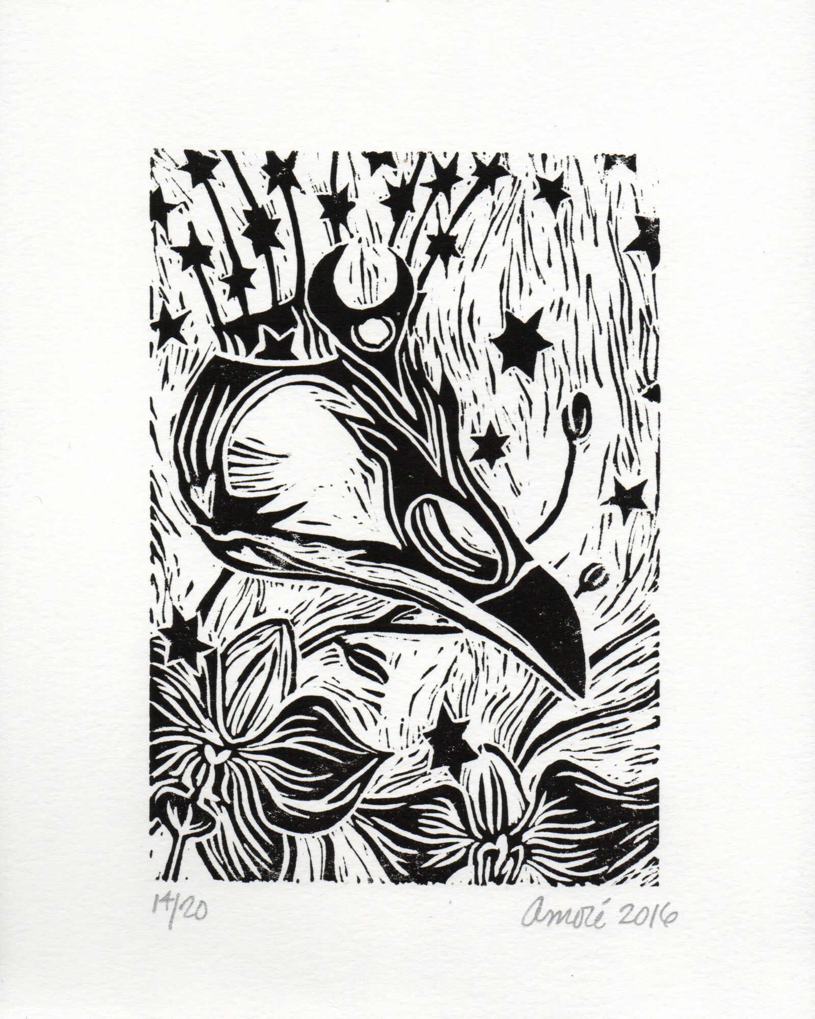 Black and white illustration of a bird with a long beak among flowers and stars, with a background of stars and celestial objects.