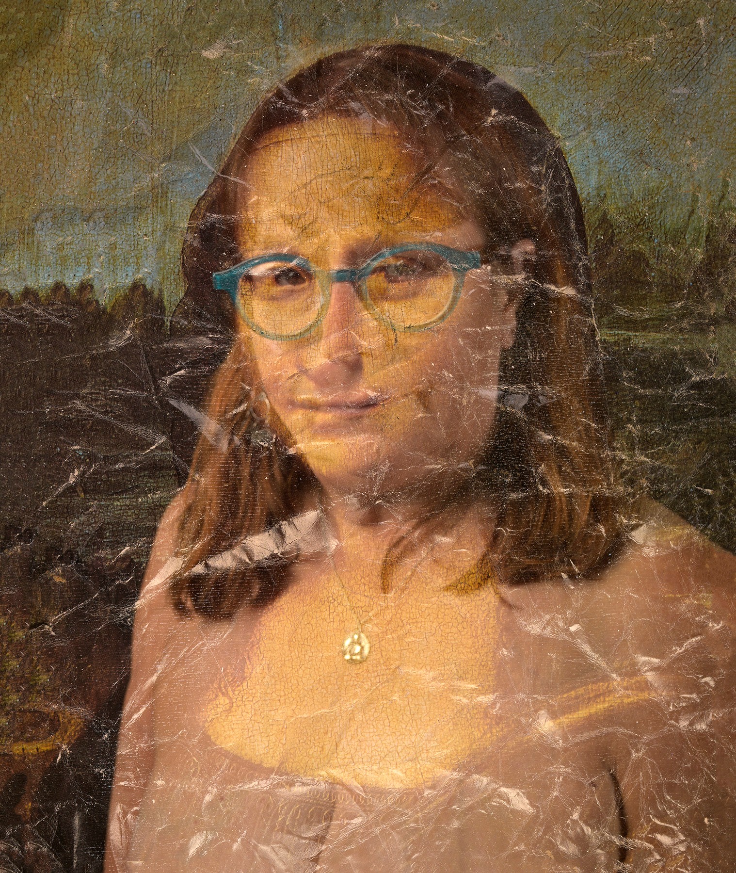 Portrait of a woman with glasses, long hair, and a necklace, with a textured background.